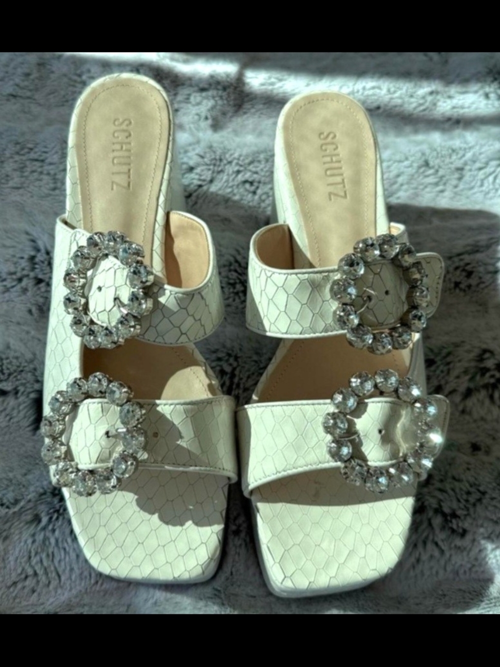 SCHUTZ Ivory Jeweled Double-Buckle Platform Sandals